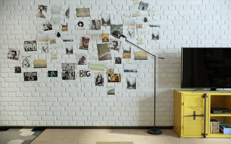 design-lejlighed-foto-dekoration-væg-hvid-mursten-tv-skab-gul
