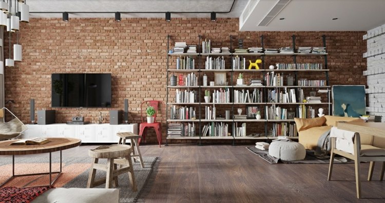 design-lejlighed-mursten-accent-væg-rød-hylde-store-bøger-loft-stil-nordisk