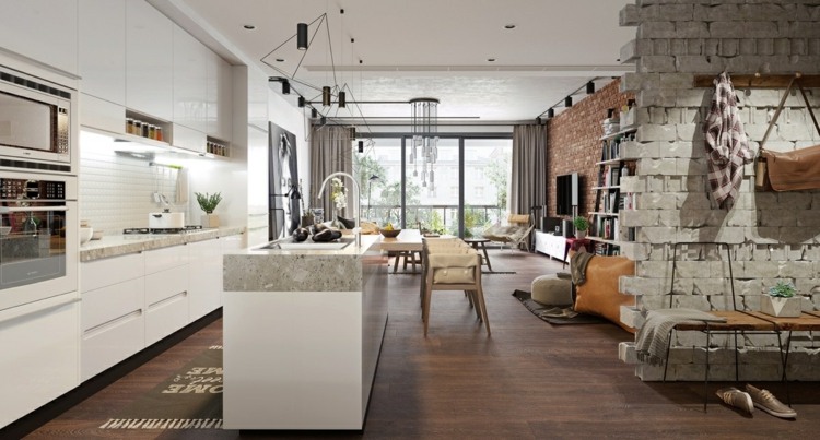 design-lejlighed-beton-mursten-væg-design-idé-moderne-køkken-ø