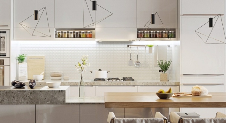 design-lejlighed-køkken-belysning-flisebelagt-spejl-hvid-sten-bordplade