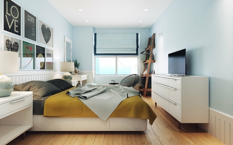 design lejlighed soveværelse-væg-farve-lyseblå-gul-sengetæppe-kommode-moderne