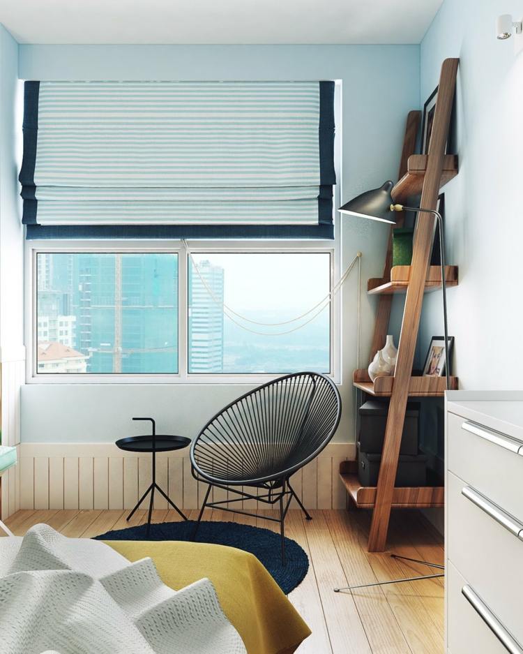 design-lejlighed-plisseret-soveværelse-striber-optisk-stol-scanidnavisch-stil-hylde