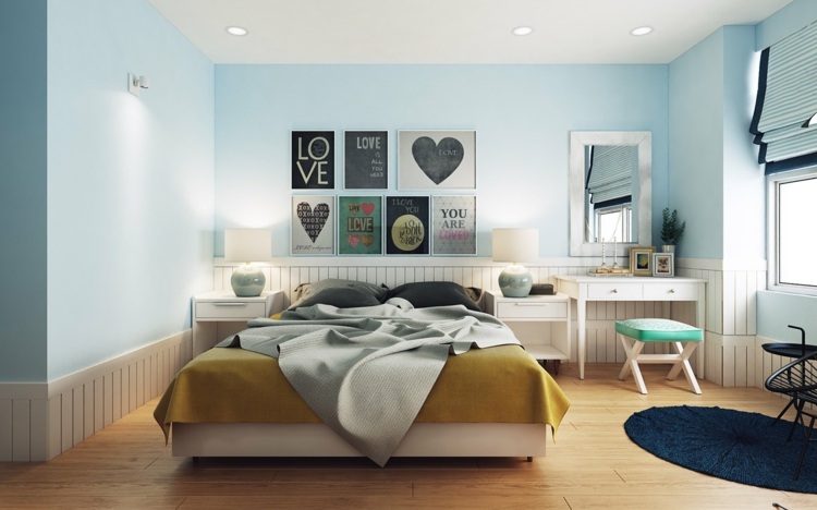 design-lejlighed-nordisk-stil-soveværelse-tema-kærlighed-hjerter-vægmalerier-toiletbord