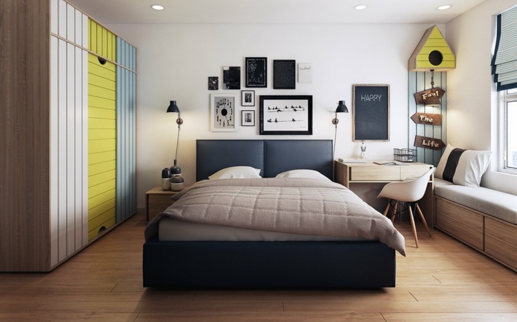 design lejlighed soveværelse-fugl-tema-garderobe-gul-accent