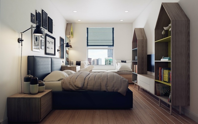 design-lejlighed-træ-møblering-mørk-sort-seng-læder-levende væg