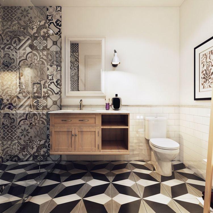 design lejlighed badeværelse-geometrisk-flise-design-patchwork-bruser