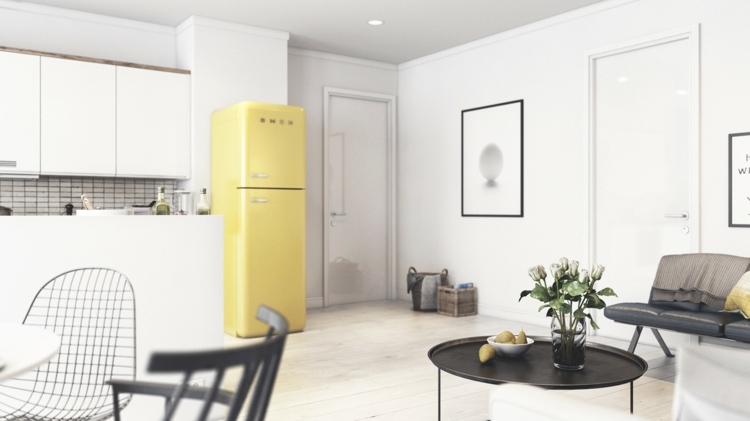 design-lejlighed-indretning-hvid-gul-sort-læder-bænk-sofabord-metal