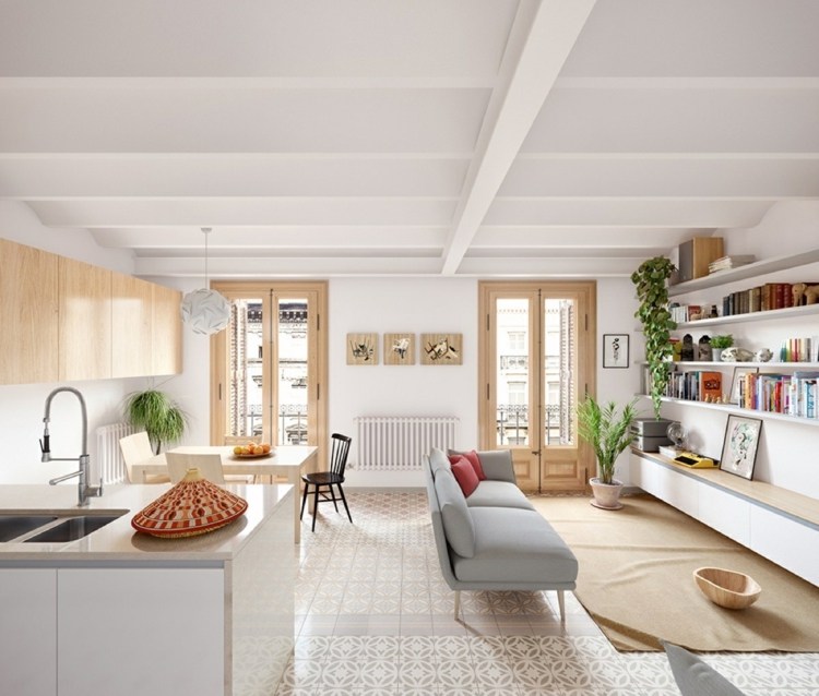 design lejlighed lyst-møbleret-opholds-område-lys-grå-sofa