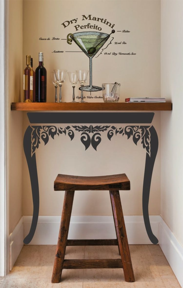 stue-bar-væg niche-bar counter-træ panel-væg dekoration-bar skammel-bog-glas-vinflasker-isterninger