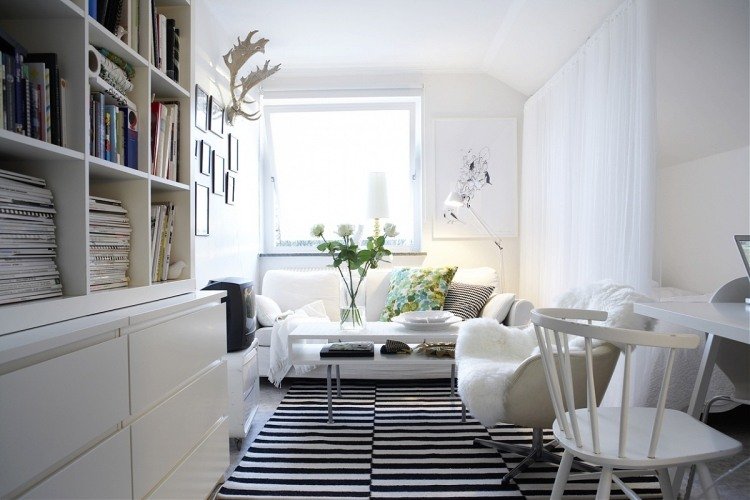 Indretning af en smal stue i skandinavisk stil hvid
