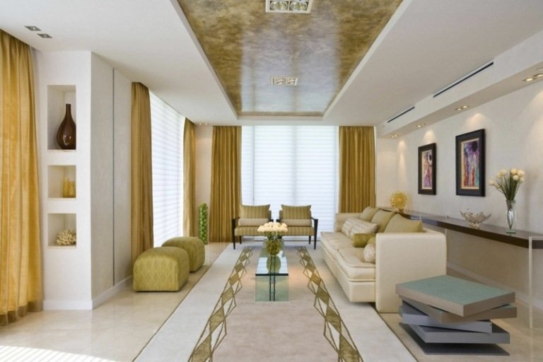 stue dekorere hvide møbler guld accenter loft design