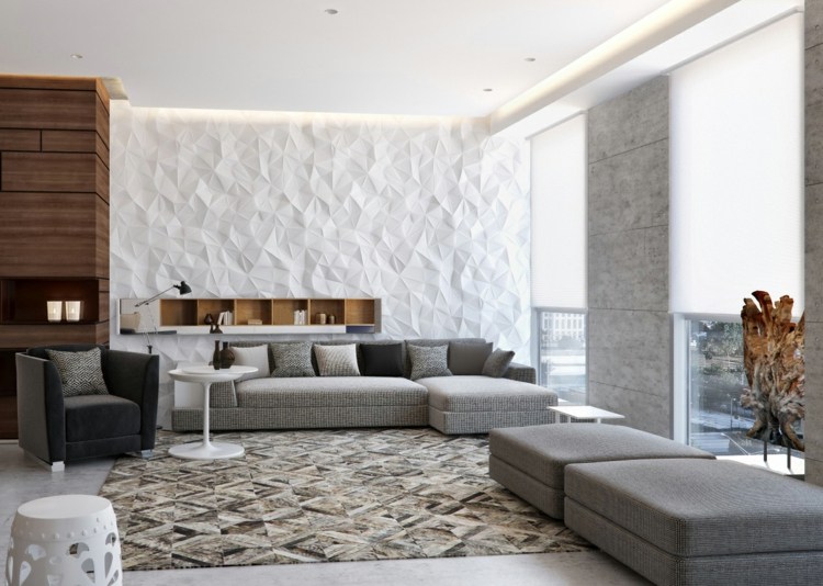 Stue ideer hvid væg tekstur tæppe grå polstrede møbler