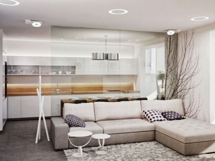 Stueideer 2015 polstret sofa beige hjørnesofa opbevaringsplads glaspartitionskøkken