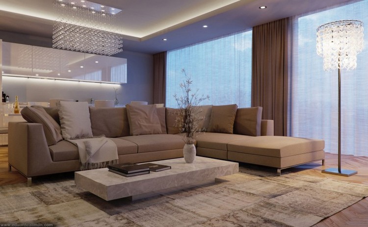stue-ideer-2015-beige-hjørne-sofa-marmor-sofabord-led-loft-belysning