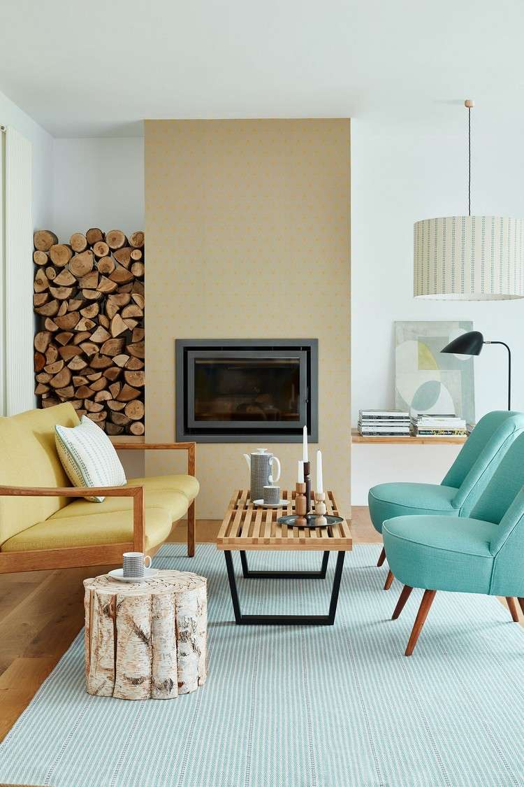 Pastelfarver gul og blå i moderne stue i midten af ​​århundredet