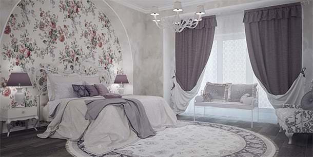 Gardiner av pastellfärger i sovrummet i stil med Provence