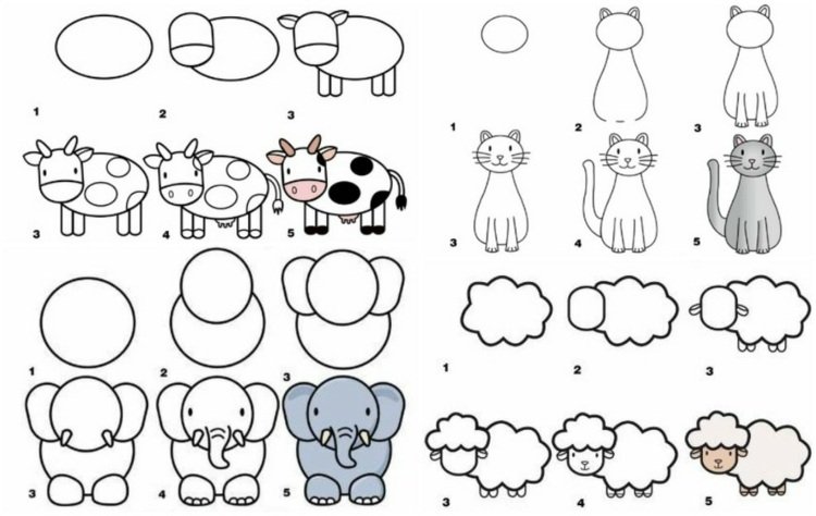 Lær at tegne dyr-ko-elefant-får-kat-instruktioner