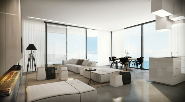 Penthouse lejlighed minimalisme-indretning-moderne indendørs pejs ruder-3d ando-studio