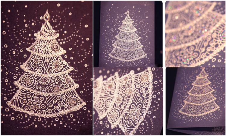 Zentangle skabeloner Jul lykønskningskort gran træ instruktioner